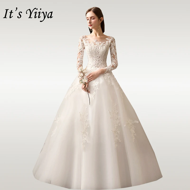 It's YiiYa Wedding Dress Long Sleeve White Wedding Dress Lace Bridal Ball Gowns Elegant O-neck Floor Length Vestido De Novia D35