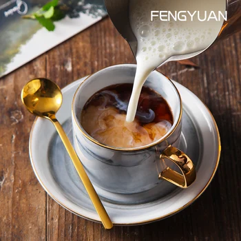 

Marble Pattern Milk Coffee Cup Ceramic Mini Cute Cup and Sauce Set with Spoon Couple Creative Tazze Colazione Drinware AF50BD