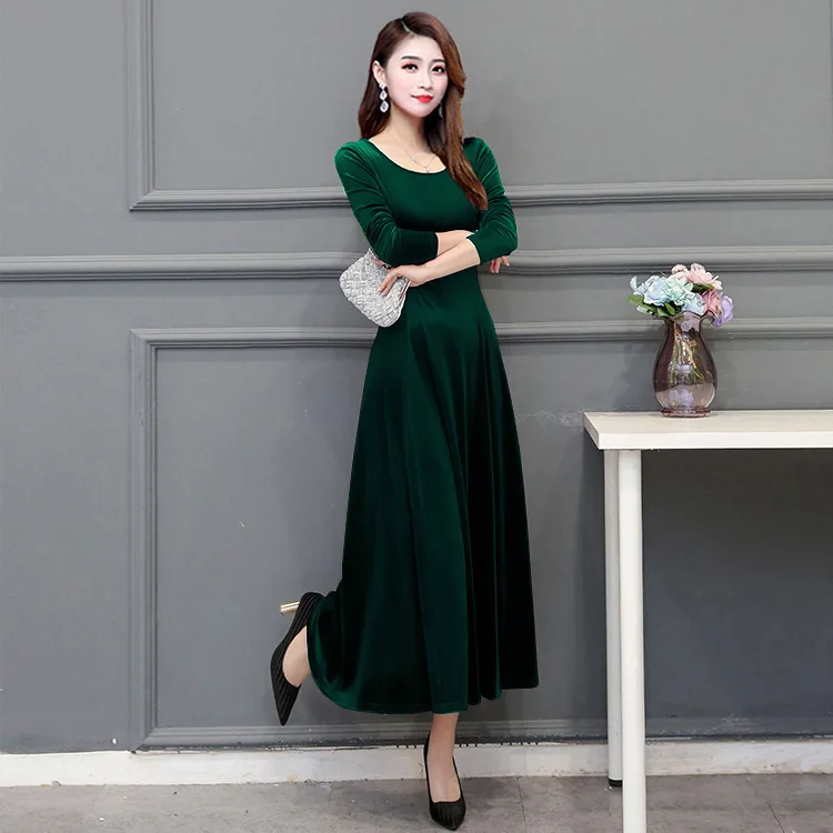 

Large Size Dress Gold Velvet Dress 2019 Autumn And Winter New Style Long Sleeve Crew Neck Long Skirts Slim Fit Cheongsam Big Ski