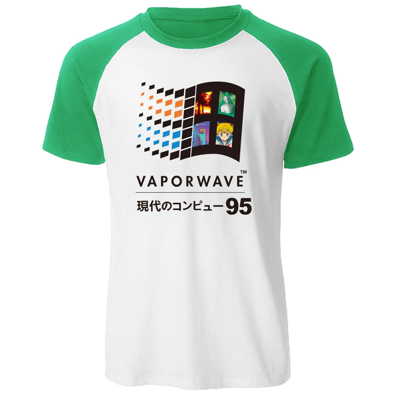 Vaporwave, винтажная ретро-футболка, мужская, японское аниме, эстетическая футболка,, летняя, хлопок, реглан, короткий рукав, топы, Harajuku, футболка - Цвет: green white 6