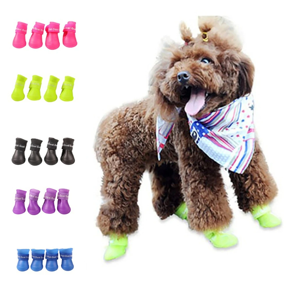 4pcs Pet Rain Boots Durable Candy Color Pet Rubber Boots Outdoor Anti-slip Waterproof Dog Cat Shoes Pet Rainy Days Supplies