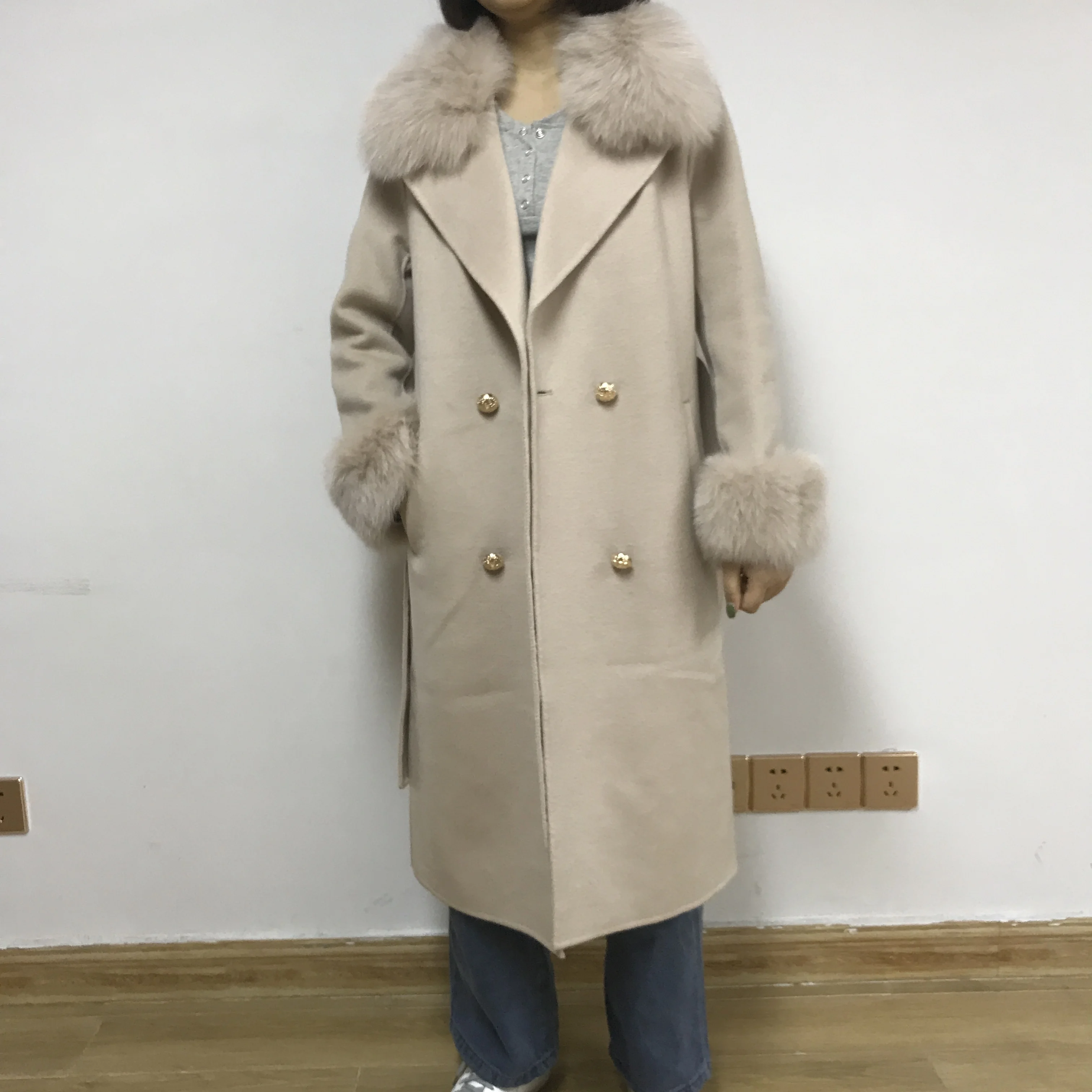 light khaki Подиум Стиль Натуральная шерсть шуба из натурального Лисьего меха женский двойной brested тонкий пояс длинный кашемир верхняя одежда тренчи - Цвет: light khaki