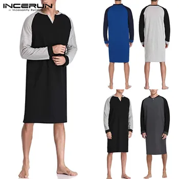 

Men Patchwork Sleep Robes Leisure Long Sleeve V Neck Homewear Mens Comfortable Nightgown Loose Bathrobes Masculina S-5XL INCERUN