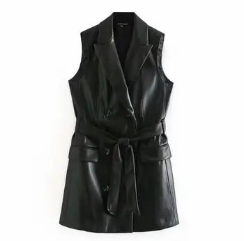 

women PU leather mini dress bow tie sashes pockets sleeveless chic female basic fashion black dresses vestidos