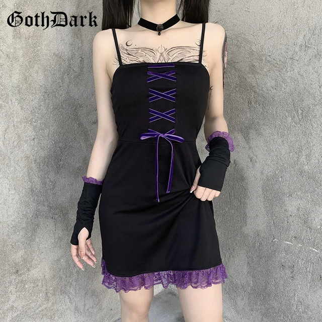 Goth Dark Vintage Bandage Gothic Lace Patchwork Dresses Black Sleeve Separated Rufflues Hem Backless Mini Dress For Women Autumn