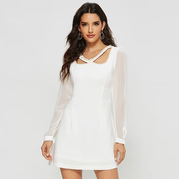 

Women Club Bodycon Dress 2020 New Style Long Sleeve Beading O-Neck Sexy Night Club Wear Black White Celebrity Party Dresses