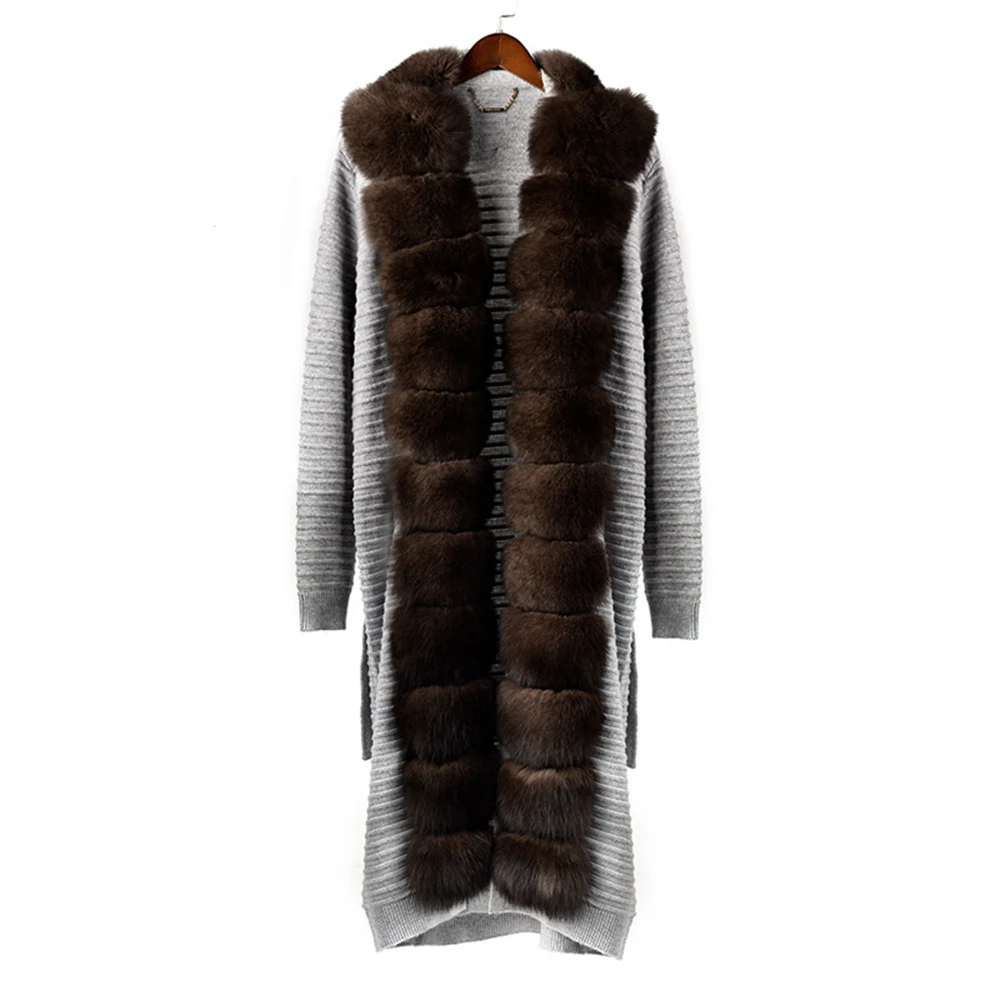 YC032-4 Tatiana Furclub Модное темно-серое трикотажное пальто с поясом зимнее пальто из натурального меха женское тонкое вязаное с лисьим меховым воротником длинное пальто - Цвет: YC032-4