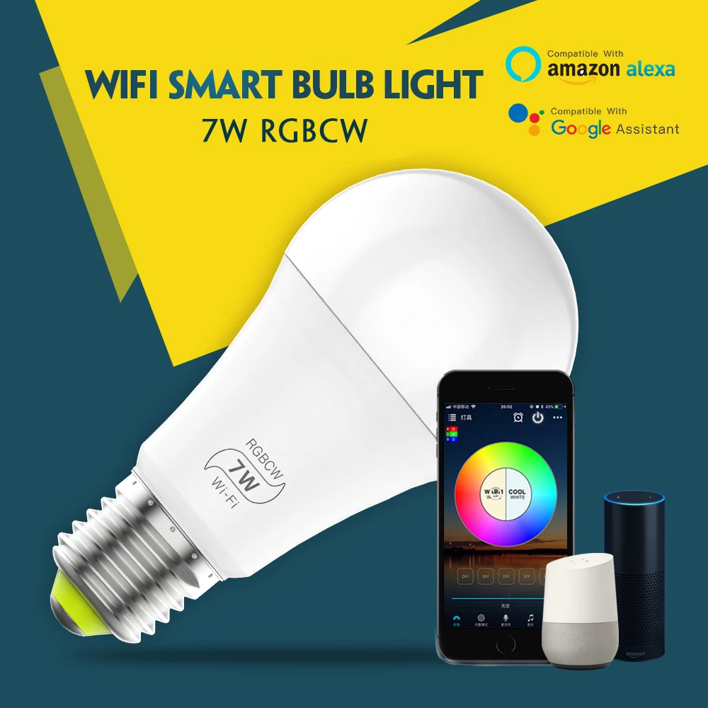 E27 умный WiFi светодиодный светильник RGBW CCT 7 Вт работает с Amazon Alexa и Google Home APP управление AC85-265V светодиодный светильник