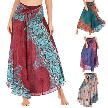

Women Long Hippie Bohemian Gypsy Boho Flowers Elastic Waist Floral Halter Skirt Lady Fashion Skirs Female Falda Mujer Skirs