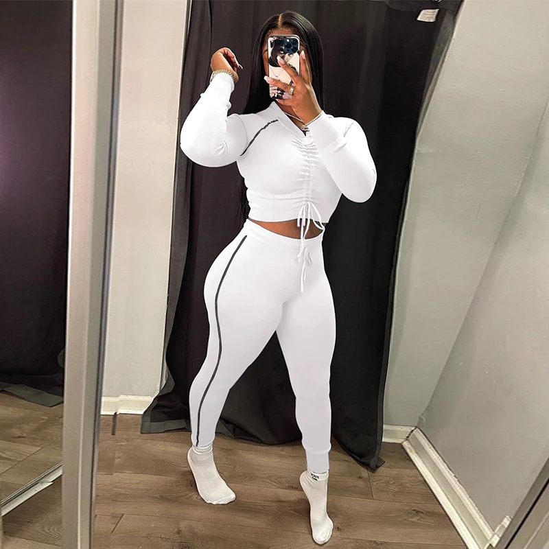 Casual Bright Line Two Piece Set Women Clothes Long Sleeve Shirring Crop Hoodies+Pants Matching Fall 2021 Fitness Yoga Tracksuit 2021 men 2 pieces tracksuit casual hoodies sweatshirts sweatpants jogging training sportswear streetwear suit jacket