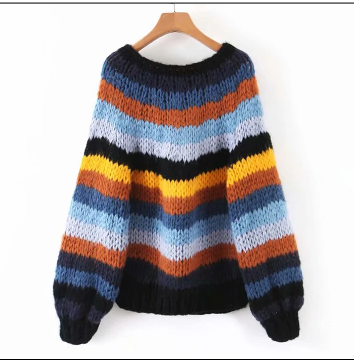 SINRGAN мохеровый утепленный зимний свитер женский полосатый один размер свободный осенний вязаный пуловер с круглым вырезом теплый наряд