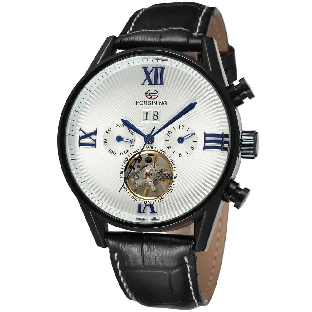 

Forsining Classic Blue Hand Tourbillon Roman Number Calendar Genuine Leather Automatic Men Mechanical Watches Top Brand Luxury