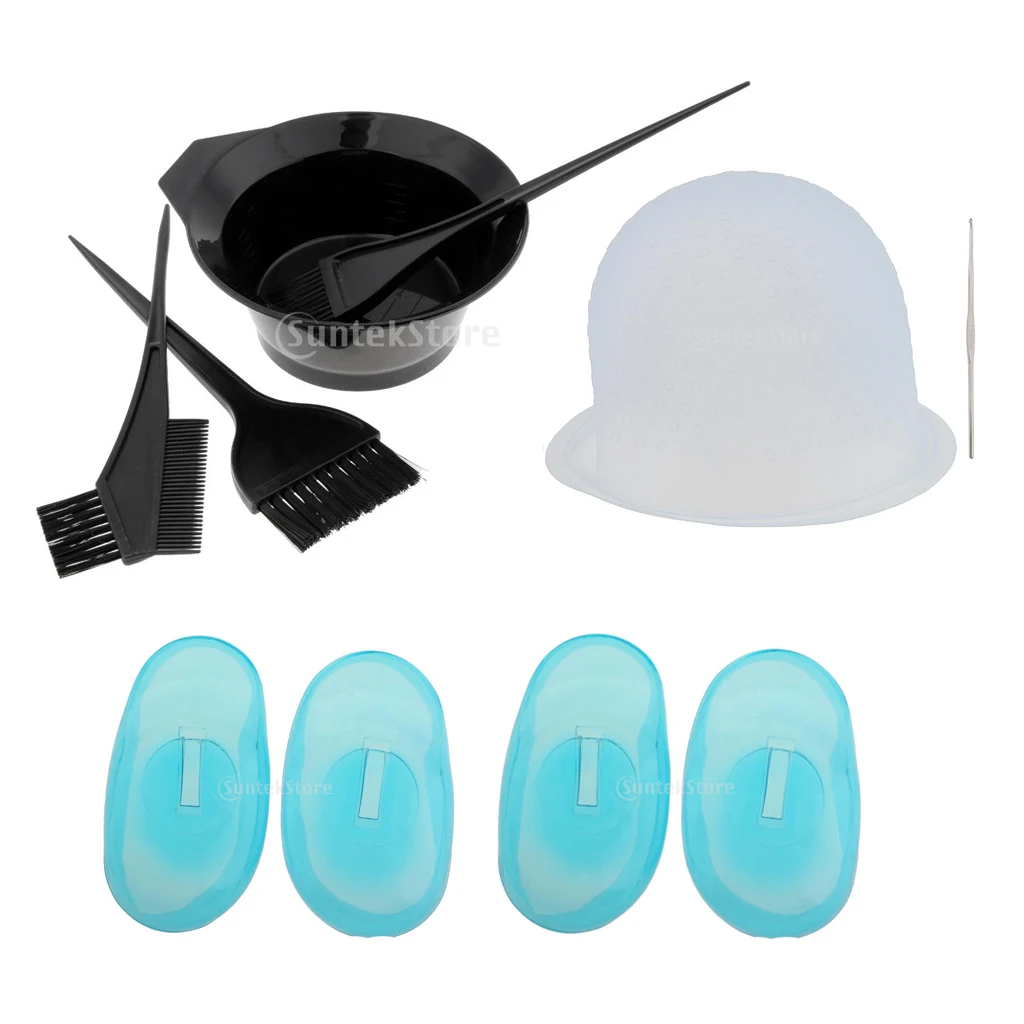 9Pcs/Set Plastic Hair Dye Bowl Brushes Kit Hair Coloring Brushes Tinting Bowl Highlighting Cap Hook and Ear Covers Combo