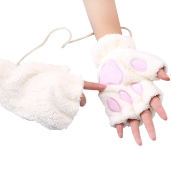 

2019 Women Cute Cat Claw Paw Plush Mittens Warm Soft Plush Short Fingerless Fluffy Bear Cat Gloves Costume Half Finger