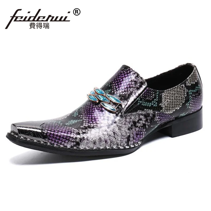 Luxury Metal Trim Slip on Man High Heels Banquet Party Loafers Patent Leather Handmade Men's Python-patterned Casual Shoes SL707 | Обувь