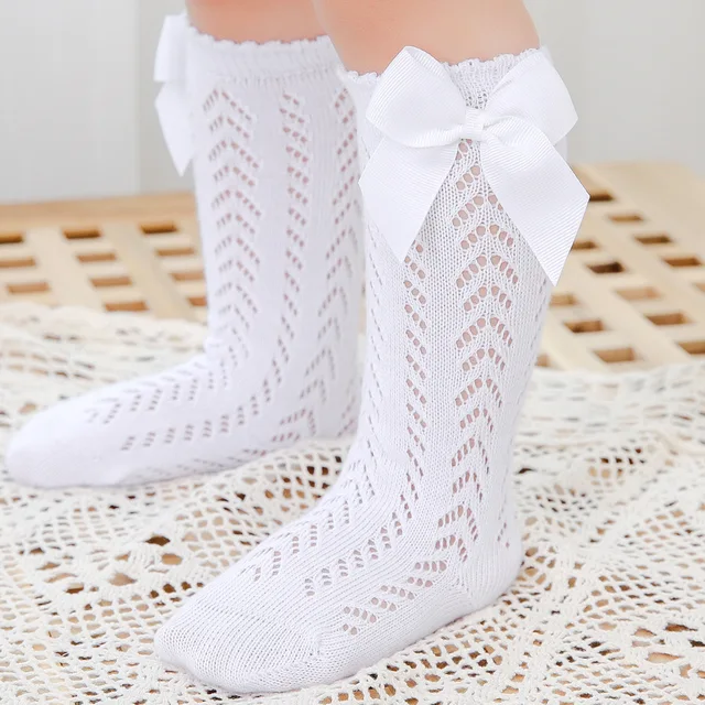 Summer Baby Girls Socks Toddlers Bow Long Sock Kids Knee High Soft Cotton Mesh Spanish Style Children 0-5 Years Breathable Socks White