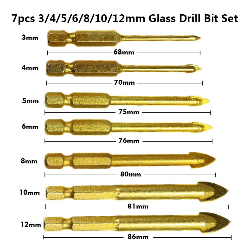 1/" набор сверл с шестигранным хвостовиком из карбида вольфрама для стекла 3-12 мм с титановым покрытием для керамической плитки - Цвет: 7pcs 3 4 5 6 8 10 12
