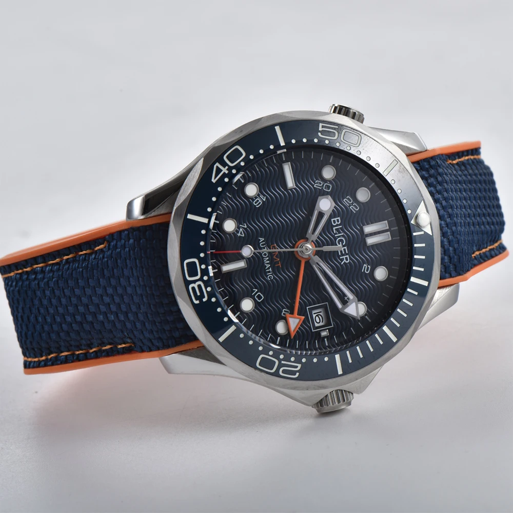 Мужские спортивные часы BLIGER 41 мм с синим циферблатом GMT ободком светящимся