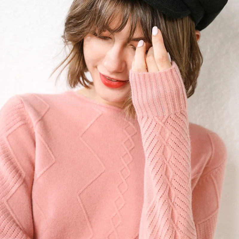 GCAROL New Women O Neck Curled Rhombic Sweater Fall Winter 30% Wool Cashmere Thick Jumper Stretch Warm OL Knitted Pullover S-3XL