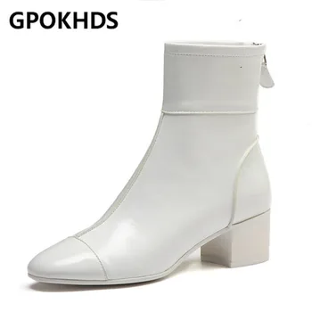 

GPOKHDS 2021 women soft ankle boots cow leather zippers boots winter short plush round toe high heels women boots
