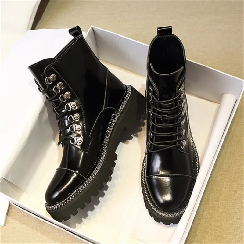 Patent Leather Boots Women Mortorcycle Boots Ladies Chain Lace-up Botas Mujer New Arrival Bota Feminina Brand Women Shoes
