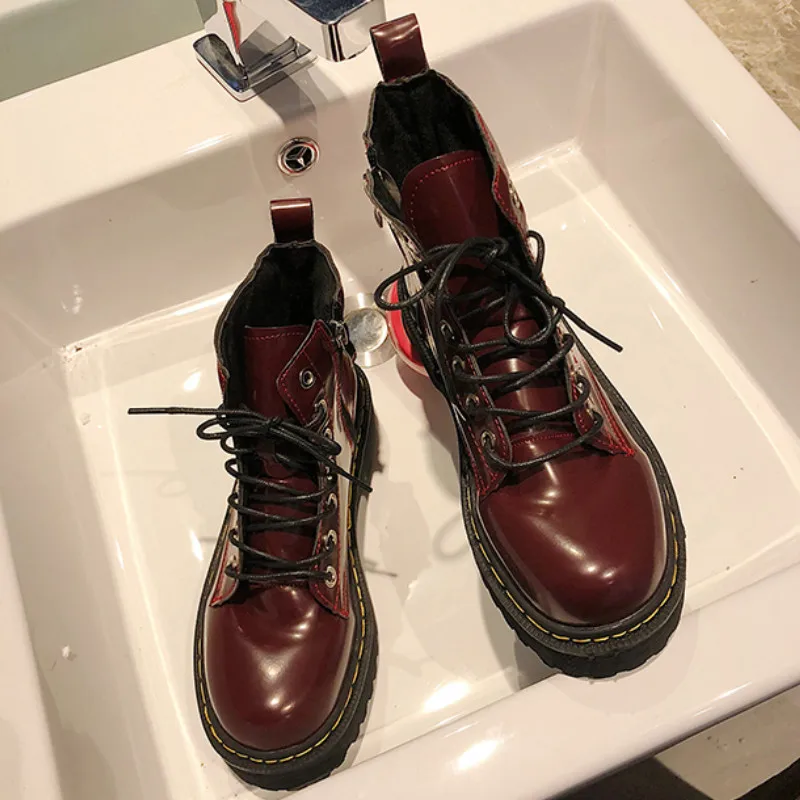 

TSDFC Women Flat Platform Ankle Boots Autumn Boot Wine Red Lace Up Black Medium Creepers Shoes Fashion Party Footwear