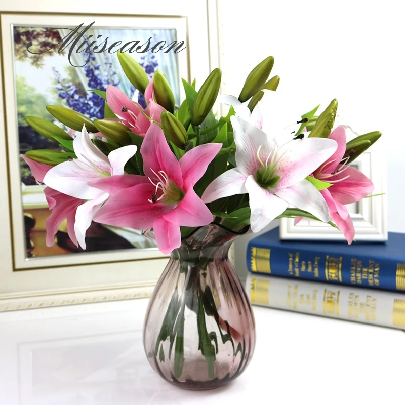 

3 Heads Real Touch Artificial lily Flores DIY Wedding Bridal fake flowers Bouquet Plants white lily Home Party Decor for Display