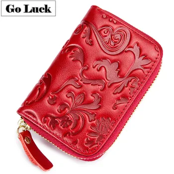

GO-LUCK Brand New RFID Genuine Leather 12 Bits Credit ID Cardholder Wallet Women Zipper Round Card Case Bag Flower Engraved