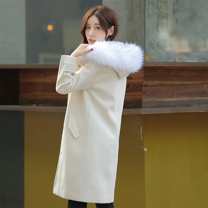 

2017 New Style Woolen Coat Women's Korean-style Mid-length Slim Fit Large Fur Collar Solid Color Single-Breasted Woolen Jacket W
