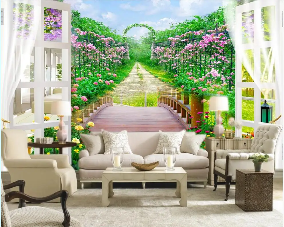 3d обои на заказ фотообои зеленые большие деревья леса цветы дорога пейзаж