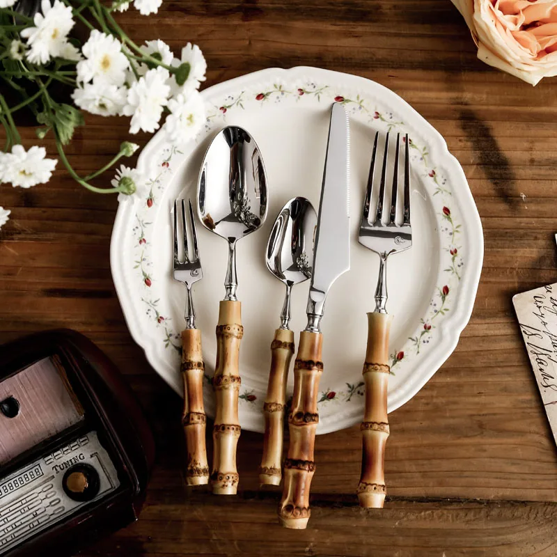 16 24PCS Creative Bamboo Handle Stainless Steel Tableware With Steak Knives Flatware Knives Set Includes Dessert Spoon Forks
