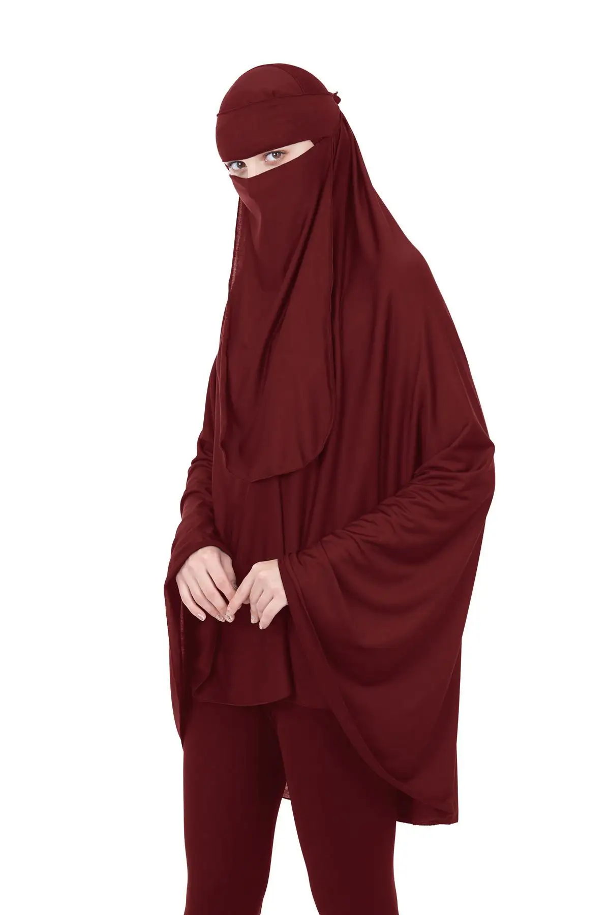 Красный Niqab длинный химар хиджаб платок-накидка мусульманская Амира абайя для молитв исламские накладные арабские 2 шт. молитвенная одежда+ вуаль поклонение обслуживание - Цвет: Красный