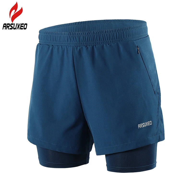 Online Pantalones cortos reflectantes para correr ARSUXEO transpirables 2 en 1 para gimnasio, entrenamiento, ejercicio, Jogging, pantalones cortos con bolsillo con cremallera