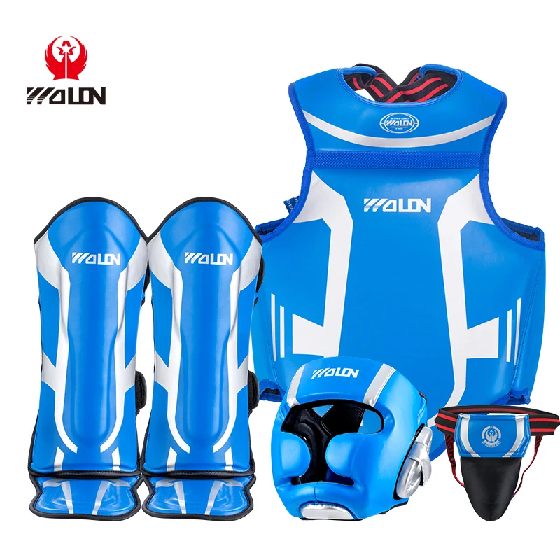 Wolon 5 Pieces Sanda Muay Thai Boxing Protector Set Helmet Chest Guard Shin Guards Groin Support Martial Arts Training EO