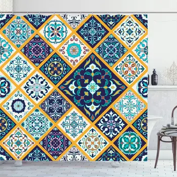 

Shower Curtain for Bathroom 72x72 Blue Turkish Beautiful Mega Geometric Pattern Abstract Colorful Azulejo Mosaic Ceramic