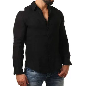 

2019 New gentlemen Cato Linen Shirts Effen Color White Black Linen Cats Shirt Men Long Mouwen Casual Shirts M -3XL