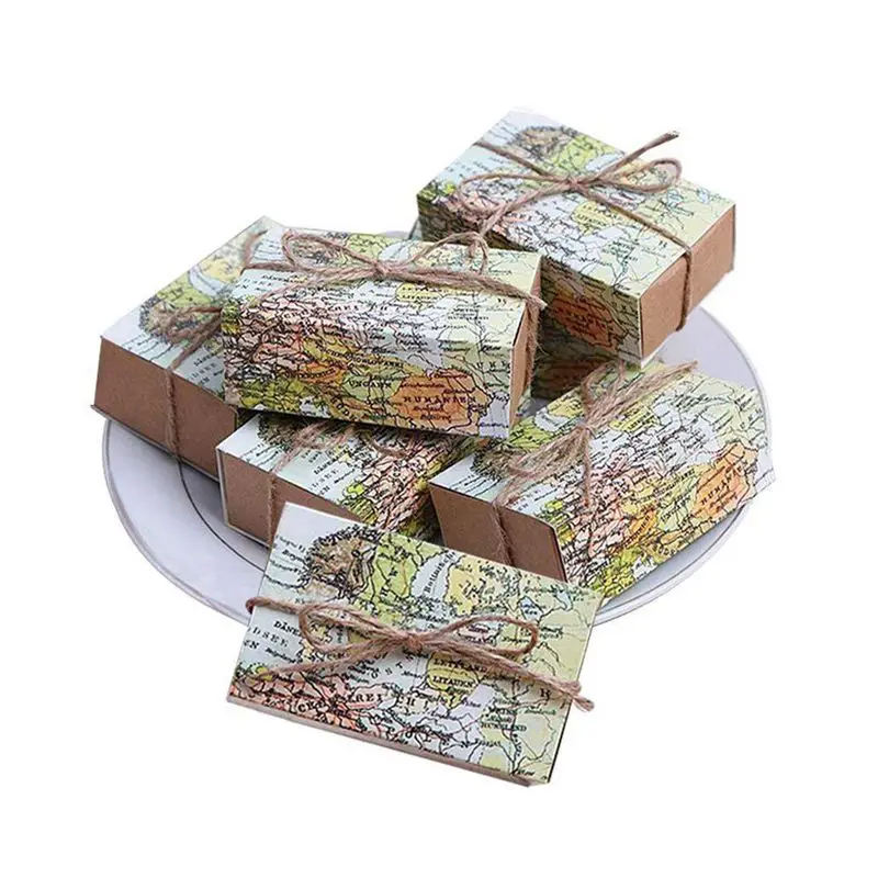 

HLZS-50 Pcs Around the World Map Favor Boxes Vintage Kraft Favor Box Candy Gift bag for Travel Theme Party Wedding Birthday Brid