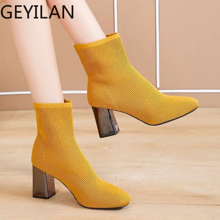 

2019 new spring and autumn square head Martin boots high-heeled knit socks boots thick with thin elastic boots net red booties