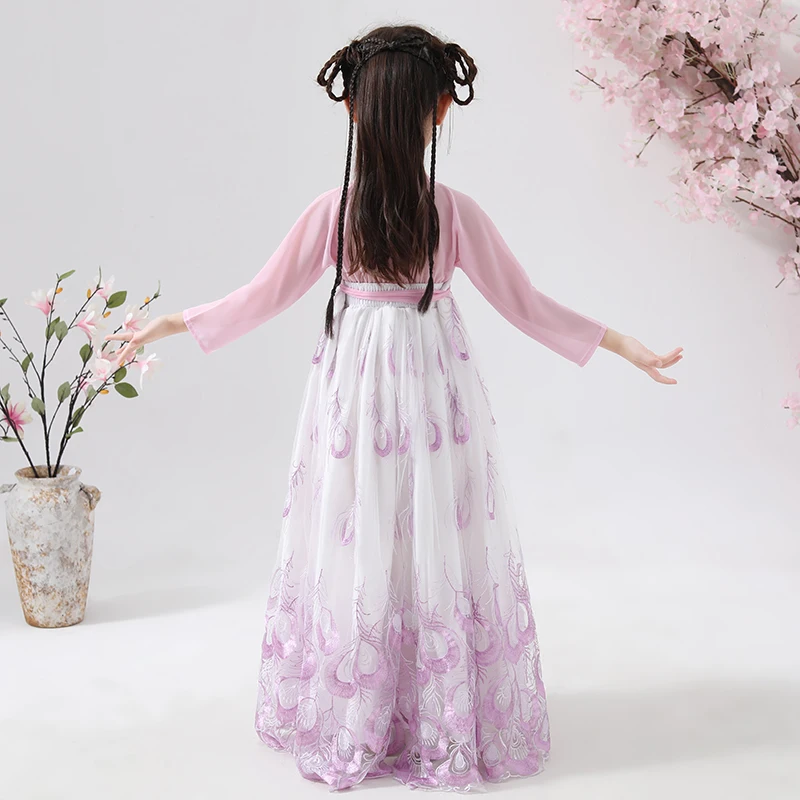 Chinese Style Embroidery Han Fu Princess Birthday Party Dance Perform Dress Traditional Wedding Evening Dress for Girls