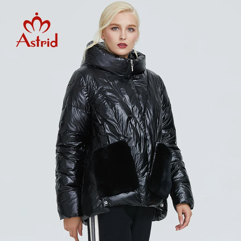 2019 Astrid winter jacket women black glossy fashion coat plush stitching large pocket design warm