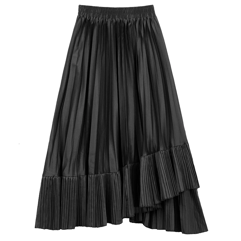 Винтажные длинные юбки с высокой эластичной талией, осенняя Асимметричная черная плиссированная юбка с оборками, Женская плиссированная
