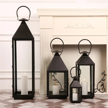 

Black Iron Stand Candle Holder Glass Outdoor Crystal Hanging Large Windproof Candle Holder Swieczniki Candlestick Lantern JJZT
