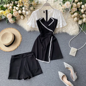 

Joinyouth Women 2 Piece Set New Sweet Clothes Lace Patchworh V-neck Tops +black Shorts Two Piece Set Vetement Femme Roupas 7a121