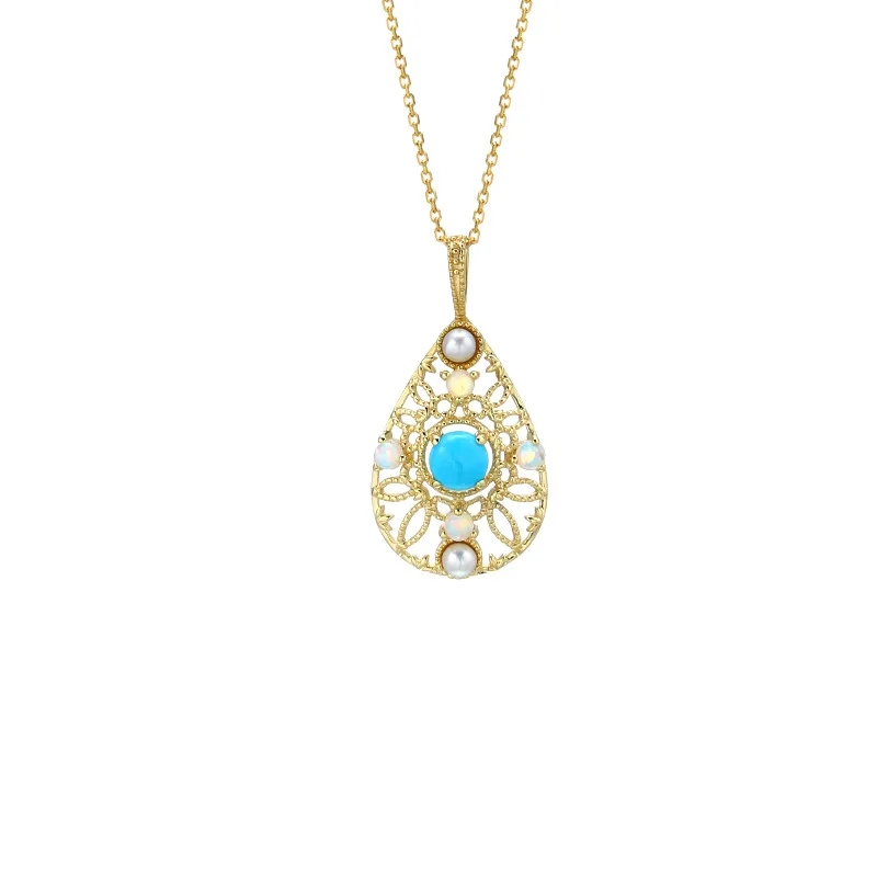 

Luxury Baroque Hollow 14K Real True Gold Natural Turquoise Opal Pearl Gemstone Pendant Necklace for Women Gothic Upscale Jewelry