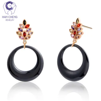 

HanCheng New Charm Leaf Golden Nail Dangle Hanging Round Ceramic Zircon Gem Stone Drop Earrings For Women Jewelry brincos bijoux