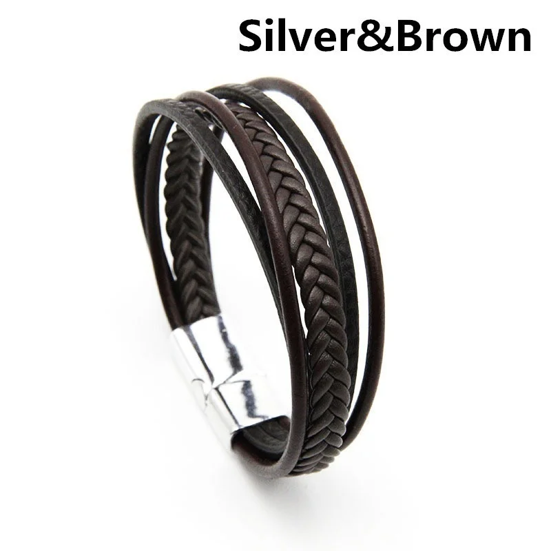 Silver Brown Коричневый кожаный браслет для мужчин кожаные браслеты с магнитной застежкой из воловьей кожи Плетеный многослойный браслет для мужчин s - Окраска металла: Silver Brown
