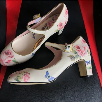 

Printed Color High Heel Banquet Shoes Woman Crystal Flower Buckle Belt Round Toe Mary Janes Sexy Spring Women Pumps