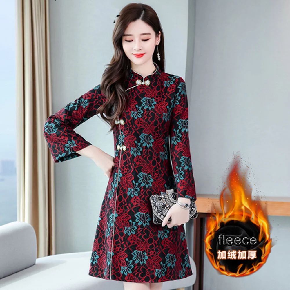 Plus Size Cheongsams Chinese Style Qipao Dress Long Sleeve Winter Fleece Warm Thick Improve National Traditional New Year | Тематическая
