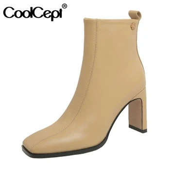 

Coolcept Size 34-43 Real Leather Women Ankle Boots Thick High Heel Zipper Shoes Winter Warm Fashion Boots Women Party Footwear