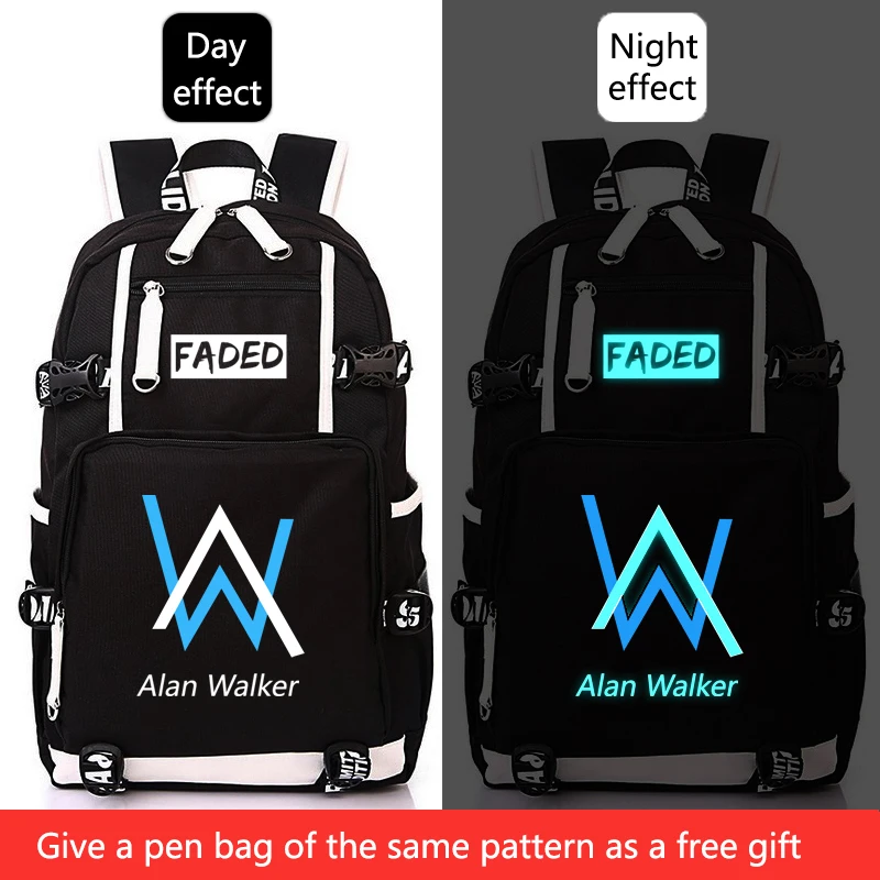 Alan Walker, потертый школьный рюкзак, светящийся Рюкзак Студенческая сумка, рюкзак для ноутбука, повседневный рюкзак, светится в темноте для подростков